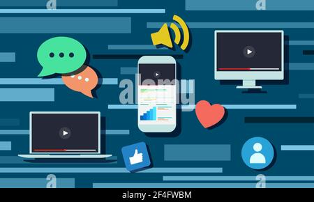 video sharing with icons. mobile laptop computer screen concept. vector illustration. Stock Vector