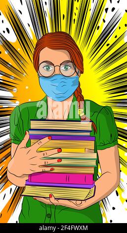 Female student, girl carrying a stack of books, wearing glasses and mask. College University or High School schoolgirl. Comic book style vector illust Stock Vector