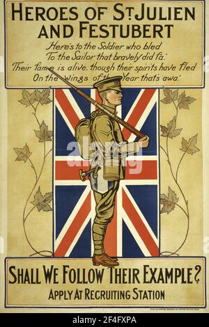 An Canadian first world war recruitment poster calling on French Canadians to Enlist, remembering the Heroes of St Julien and Festubert Stock Photo