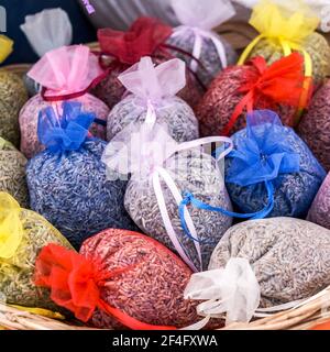 Epsom London UK, March21 2021, Colourful Bags Of Fresh Scented Lavender Stock Photo