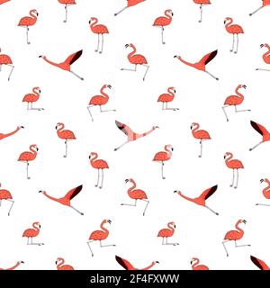 Doodle Vector flamingos are active, dancing, fly, sleep, rest, relax, dream, walk. Outline cartoon pink peach animals isolated on white background Stock Vector