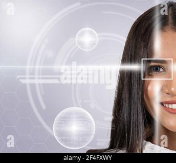 Eye scanning of asian young woman by laser light over the digital virtual technology background, vision and identification concept Stock Photo
