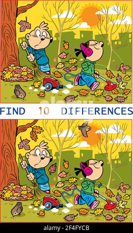 Illustration with a puzzle where you need to find ten differences in the pictures with children removing fallen leaves Stock Vector