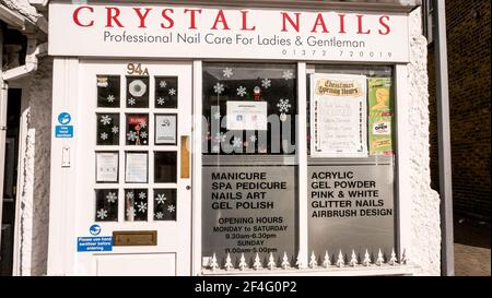 Epsom London UK, March21 2021, Crystal Nail Bar Providing Pedicures And Manuicure For Men And Woman Stock Photo