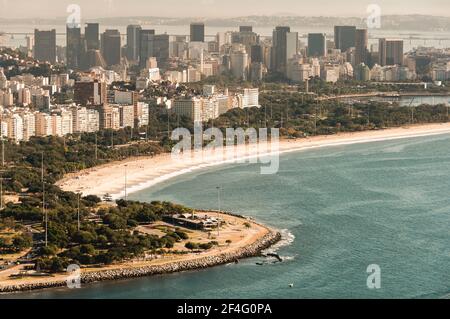 View of Aterro do Flamengo Park and Beach at Guanabara Bay and Rio de Janeiro City Downtown Stock Photo