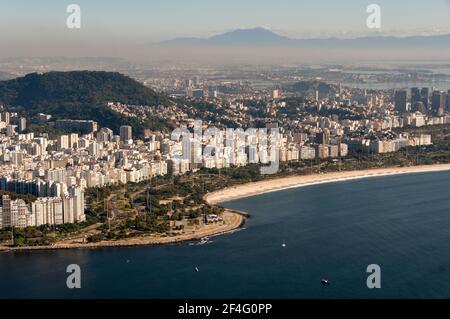 View of Aterro do Flamengo Park and Beach at Guanabara Bay and Rio de Janeiro City Downtown Stock Photo