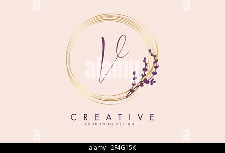 Handwritten V Letter logo design with golden circles and white leaves on branches around it. Vector Illustration with V letter for personal branding, Stock Vector