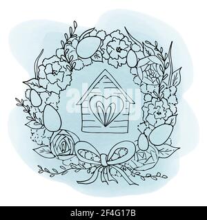 Scetch of Easter wreath of flowers decorated with painted eggs, ribbon and house with a window. Vector illustration in the style of line-art handdrawn Stock Vector