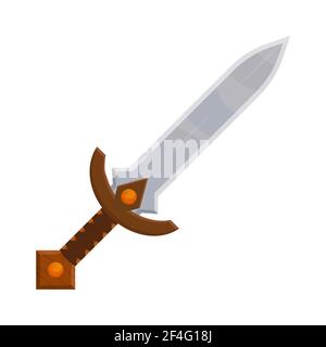 Funny iron mediaeval fantasy sword in cartoon style isolated on white background stock vector illustration. Weapon, blade ui asset, decoration. . Vect Stock Vector