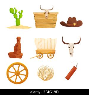 Wild west, western collection in cartoon style isolated on white background. Retro wagon, scull, cowboy hat, sheriff star, Arizona dessert stone. . Ve Stock Vector