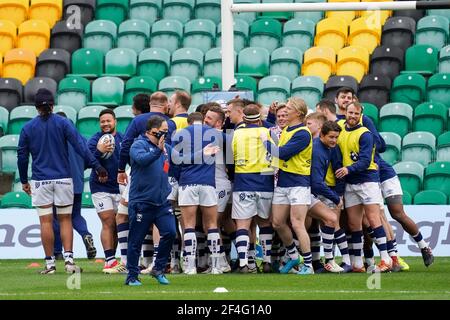 Northampton, UK. 21st Mar, 2021. Bristol Bears team huddle in Northampton, UK on 3/21/2021. (Photo by Richard Washbrooke/News Images/Sipa USA) Credit: Sipa USA/Alamy Live News Stock Photo