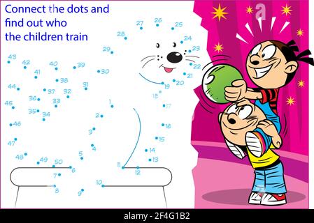 The vector illustration shows a puzzle where it is necessary to connect the dots in order to find out who the children train in the circus Stock Vector