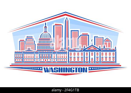 Vector illustration of Washington, horizontal poster with outline design washington city scape on day background, line art concept with unique font fo Stock Vector