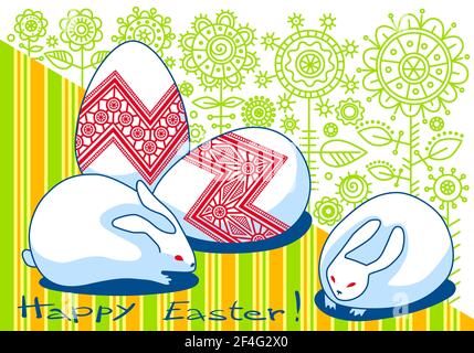 Happy easter. Creative composition of white rabbits and eggs against a background of yellow-green stripes and decorative flowers. Stock Vector