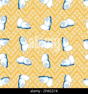 Happy easter. Seamless pattern with white rabbits and eggs on the background of orange geometric ornament in folk style. Stock Vector