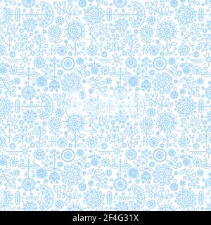 A graceful monochromatic ornament of stylized flowers and berries. Blue lines on a white background. Seamless pattern. Stock Vector