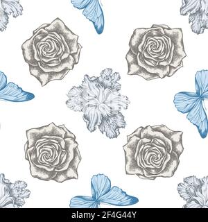 Seamless pattern with hand drawn pastel iris japonica, blue morpho, roses Stock Vector