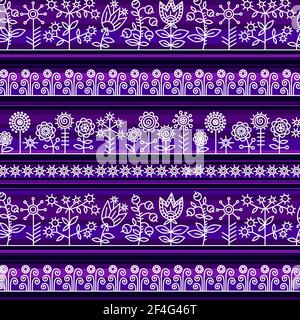 Seamless background with white flowers and berries on purple stripes. Stock Vector