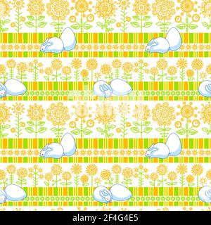 Easter. Seamless background with flowers, rabbits and eggs. Graceful stripes in greenish orange colors. Linear drawing. Stock Vector