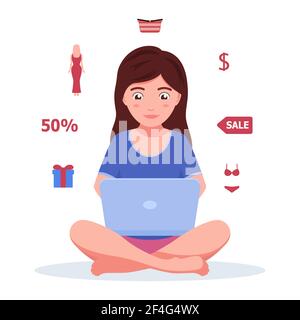 Girl with a laptop looking for online shopping. Vector illustration young beautiful girl looking for discounts and doing online shopping in an interne Stock Vector