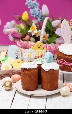 Close-up small Easter breads with cute decoration on top Stock Photo
