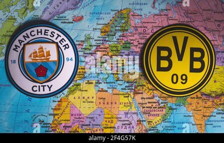 March 21, 2021, Istanbul, Turkey. The emblems of the participants in the quarter-finals of the UEFA Champions League 2020/2021 season Borussia Dortmun Stock Photo
