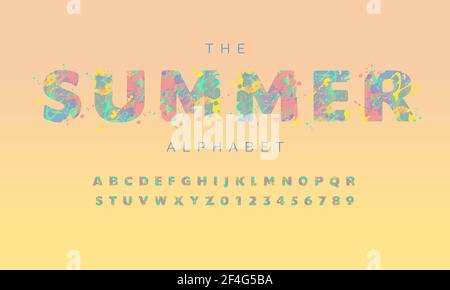 Vector alphabet with multicolored spots of paint on peach yellow background. Summer season set of letters and numbers. Design for banners, flyers, tag Stock Vector