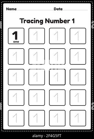 Tracing number 1 worksheet for kindergarten and preschool kids for educational practice in a printable page. Stock Vector