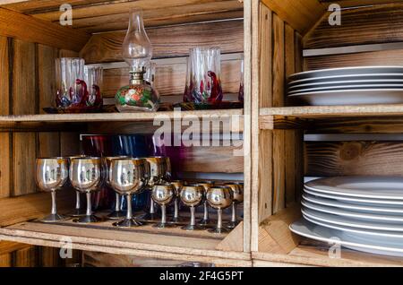 Wooden kitchen bollards made of wooden pallets and boxes. interior Stock Photo