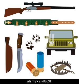 Flat colored hunting icons set of isolated objects on white background vector illustration . Stock Vector