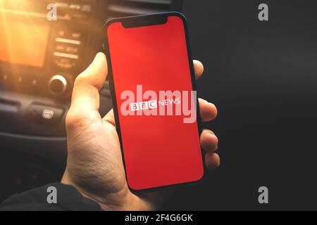 Kharkov, Ukraine - March 17, 2021: Smartphone with BBC news application Stock Photo