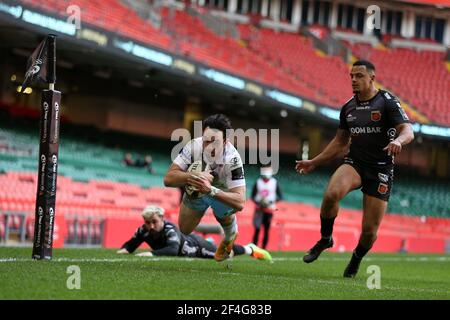 Cardiff, UK. 21st Mar, 2021. Rufus McLean of Glasgow Warriors scores a try in 1st half. Guinness Pro14 Rugby, Dragons v Glasgow Warriors at the Principality Stadium in Cardiff on Sunday 21st March 2021. pic by Andrew Orchard/Andrew Orchard sports photography/Alamy Live news Credit: Andrew Orchard sports photography/Alamy Live News Stock Photo