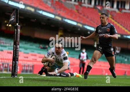 Cardiff, UK. 21st Mar, 2021. Rufus McLean of Glasgow Warriors scores a try in 1st half. Guinness Pro14 Rugby, Dragons v Glasgow Warriors at the Principality Stadium in Cardiff on Sunday 21st March 2021. pic by Andrew Orchard/Andrew Orchard sports photography/Alamy Live news Credit: Andrew Orchard sports photography/Alamy Live News Stock Photo