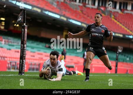 Cardiff, UK. 21st Mar, 2021. Rufus McLean of Glasgow Warriors scores a try in 1st half. Guinness Pro14 Rugby, Dragons v Glasgow Warriors at the Principality Stadium in Cardiff on Sunday 21st March 2021. pic by Andrew Orchard/Andrew Orchard sports photography/Alamy Live news Credit: Andrew Orchard sports photography/Alamy Live News Stock Photo