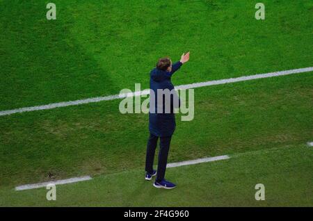 BUCHAREST, ROMANIA - 23 February 2021 - Chelsea FC and Atletico Madrid in action during the first leg of the UEFA Champions League at the National Are Stock Photo