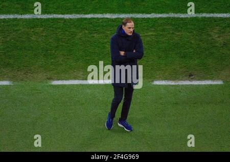 BUCHAREST, ROMANIA - 23 February 2021 - Chelsea FC and Atletico Madrid in action during the first leg of the UEFA Champions League at the National Are Stock Photo