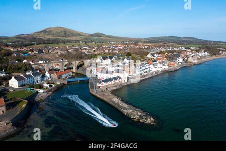 Aerial view of Lower Largo village on coast in Fife, in Scotland, UK
