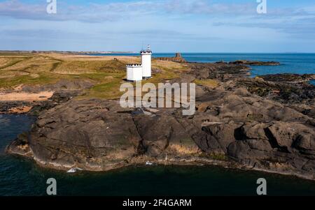 Aerial view of lighthouse at Elie on the East Neuk of Fife, in Scotland, UK Stock Photo