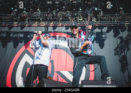 ITALY, FIRENZE 2017: B-Real (L) and Tom Morello (R), of the American rap/rock super group Prophets of Rage (consisted of members of Rage Agains the Machine, Cypress Hill and Public Enemy), performing live on stage. Stock Photo