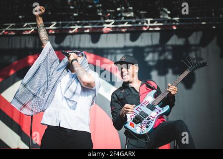 ITALY, FIRENZE 2017: B-Real (L) and Tom Morello (R), of the American rap/rock super group Prophets of Rage (consisted of members of Rage Agains the Machine, Cypress Hill and Public Enemy), performing live on stage. Stock Photo