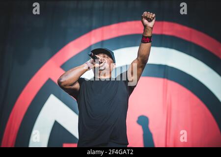 ITALY, FIRENZE 2017: Chuck D, rapper/singer of the American rap/rock super group Prophets of Rage (consisted of members of Rage Agains the Machine, Cypress Hill and Public Enemy), performing live on stage. Stock Photo