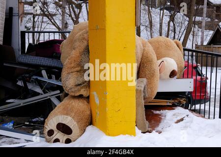 Bizarre giant teddy bear thrown on to the "large item" garbage area of our apartment building. Off to the teddy knacker's yard. Stock Photo