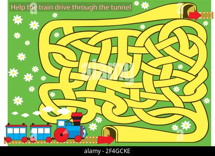 Vector illustration with a labyrinth where you need to help the locomotive find the way out of the tunnel Stock Vector