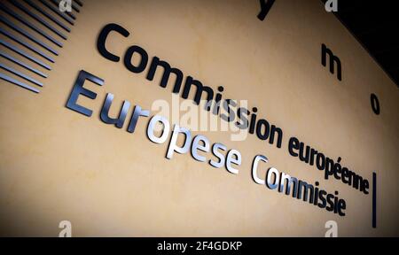 European Commission sign at the entrance of the Berlaymont building in Brussels.  Belgium - July 30, 2014.