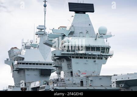 Detail of Royal Navy HMS Queen Elizabeth aircraft carrier berthed at Glenmallan on Loch Long, Argyll and Bute, Scotland Stock Photo