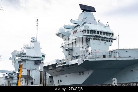 Detail of Royal Navy HMS Queen Elizabeth aircraft carrier berthed at Glenmallan on Loch Long, Argyll and Bute, Scotland Stock Photo