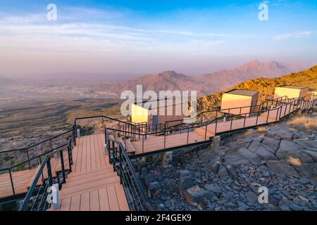 Al Hamra, Oman - 04.10.2018: View from luxury resort on the hill slope, overlooking vast desert valley in Oman, Arabia. Early morning in desert valley Stock Photo