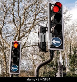 Epsom London UK, March21 2021, Set Of Traffic Lights On Red Stock Photo