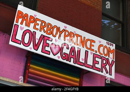 New York, USA. 21st Mar, 2021. Exterior view of the Paperboy Prince Love Gallery where Mr. Prince is headquartered as runs for Mayor of New York City, in the Brooklyn borough of New York City, NY, March 21, 2021. In 2020 Mr. Prince ran for New York's 7th congressional district but was defeated, his current political platform includes advocacy for universal basic income and Medicare for all. (Photo by Anthony Behar/Sipa USA) Credit: Sipa USA/Alamy Live News Stock Photo