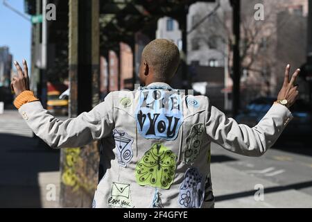 New York, USA. 21st Mar, 2021. Politician and artist Paperboy Love Prince poses under the elevated subway tracks, as he prepares to go out and gather signatures to get on the ballot to run for Mayor of New York City, in the Brooklyn borough of New York City, NY, March 21, 2021. In 2020 Mr. Prince ran for New York's 7th congressional district but was defeated, his current political platform includes advocacy for universal basic income and Medicare for all. (Photo by Anthony Behar/Sipa USA) Credit: Sipa USA/Alamy Live News Stock Photo